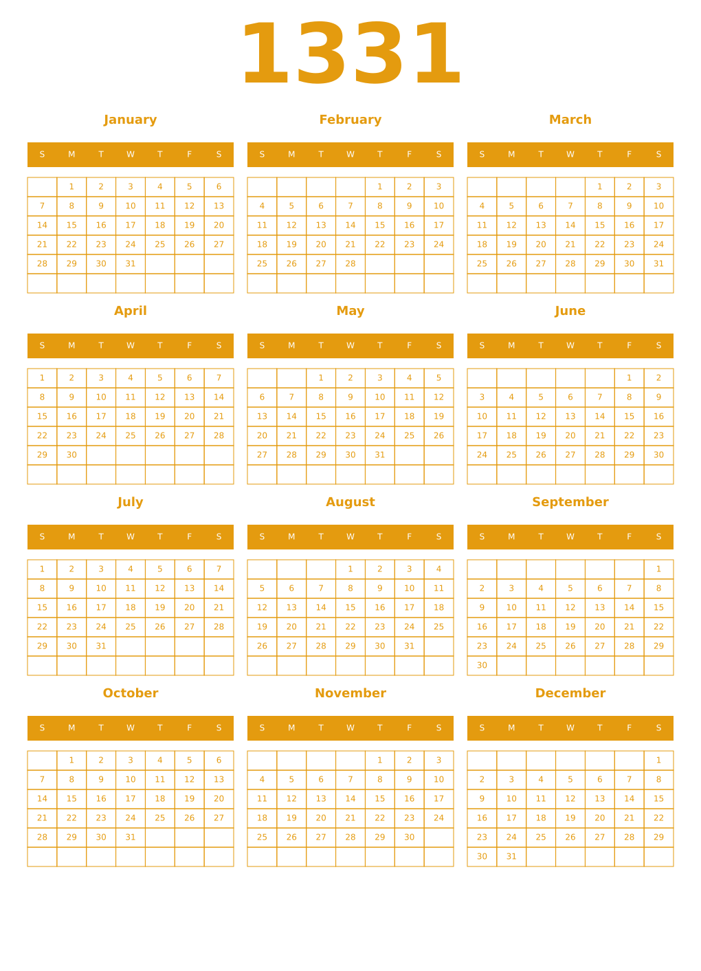 Printable 1331 Year Calendars gamboge