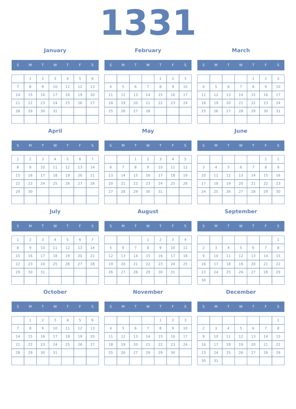 Printable 1331 Year Calendars glaucous