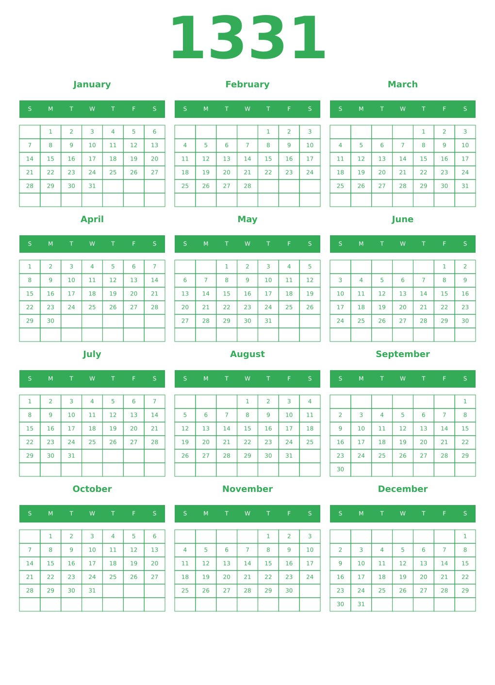 Printable 1331 Year Calendars green