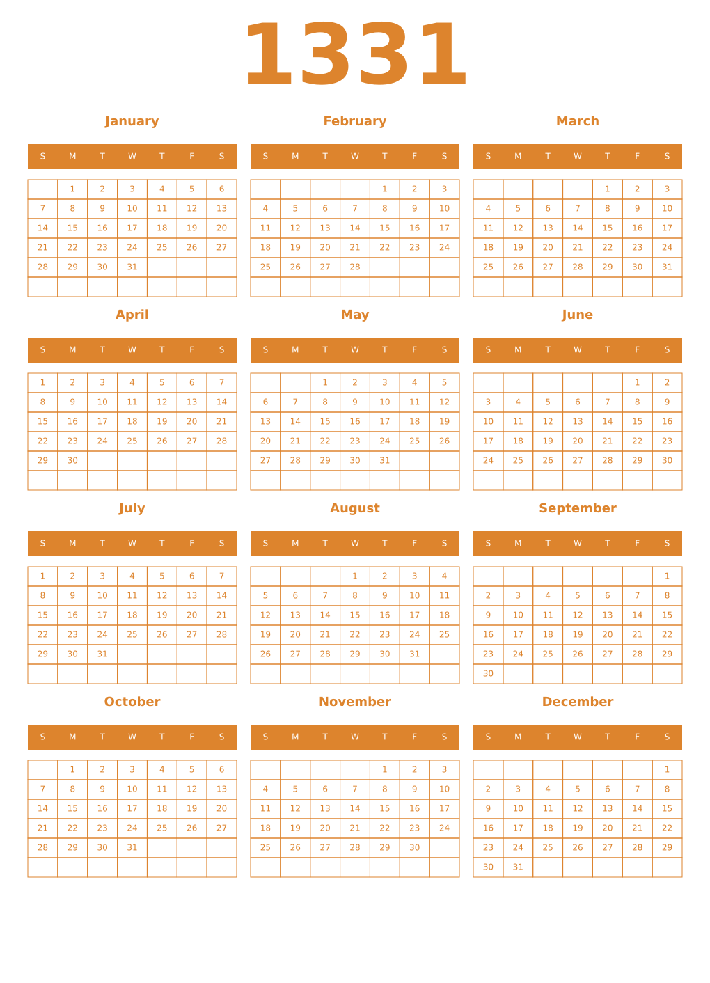 Printable 1331 Year Calendars orange