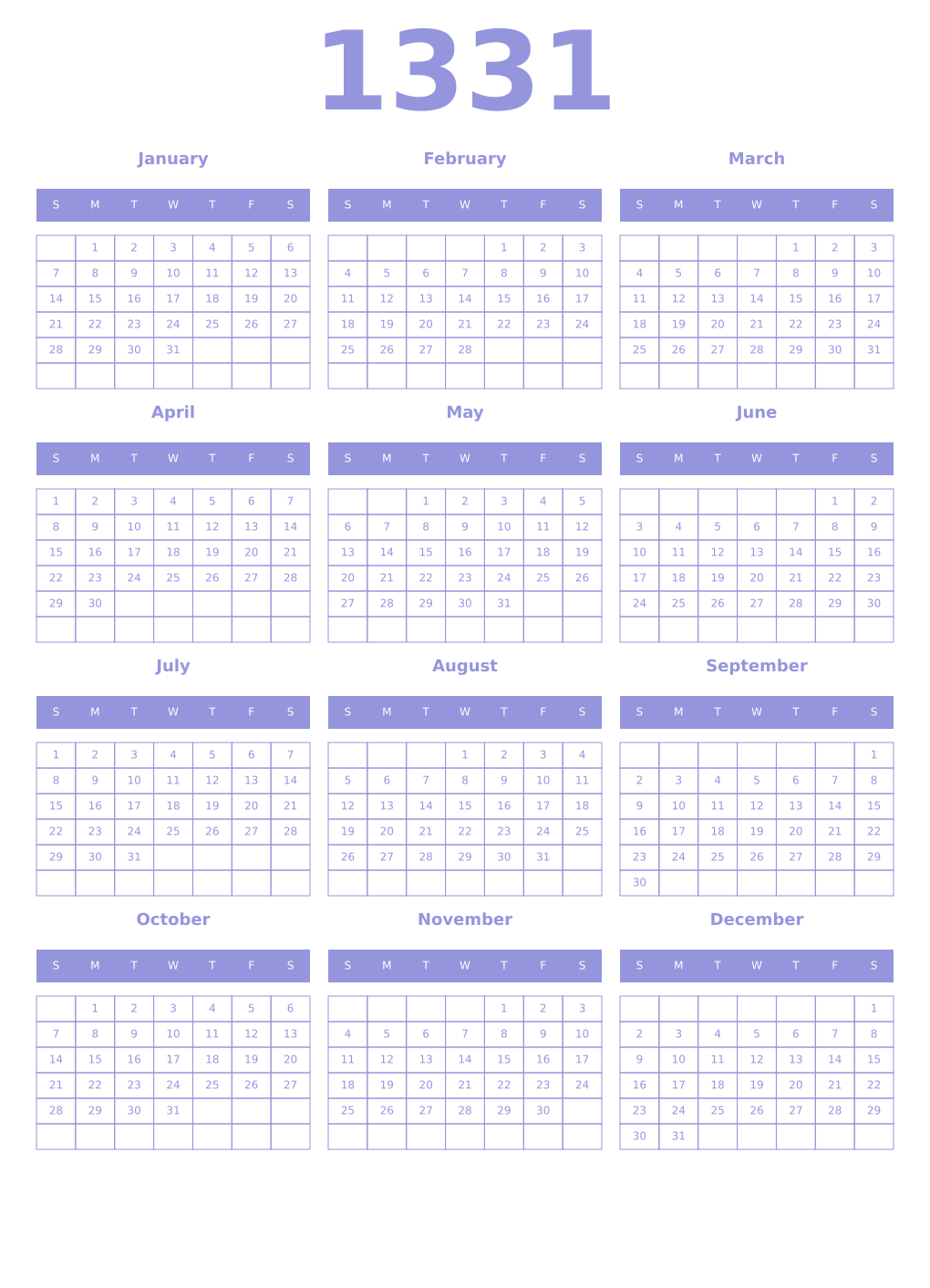 Printable 1331 Year Calendars periwinkle