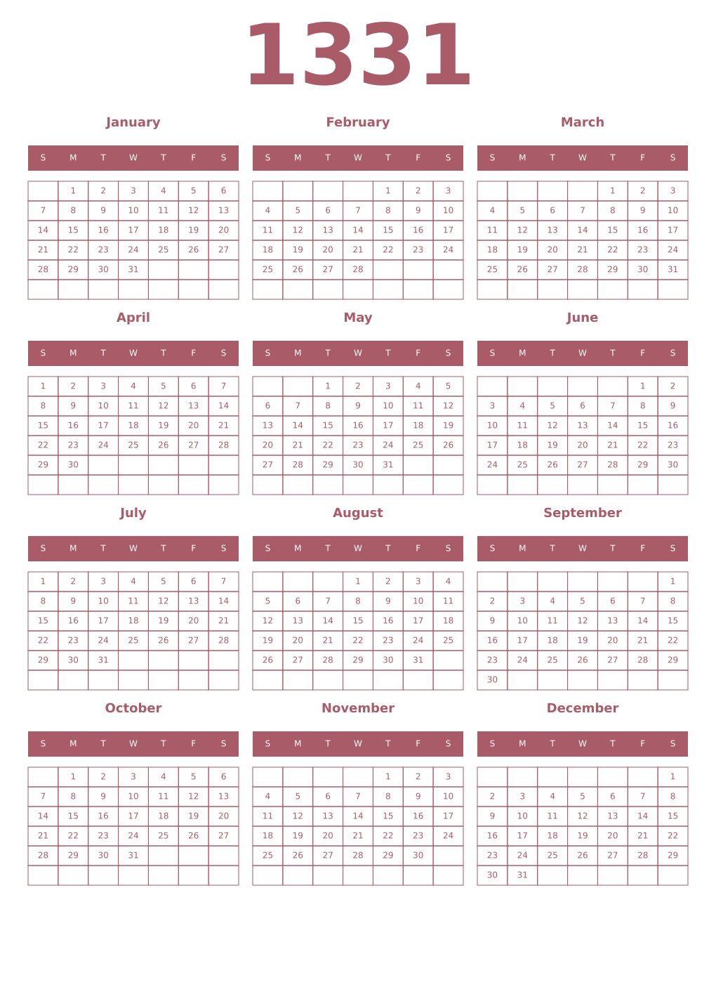 Printable 1331 Year Calendars puce