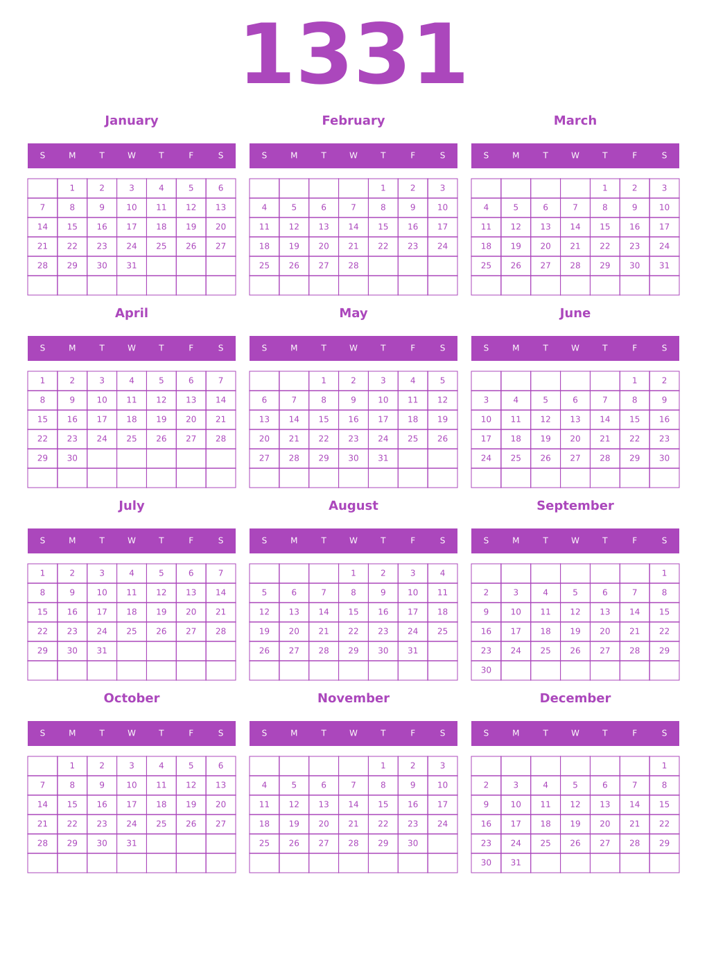 Printable 1331 Year Calendars purple