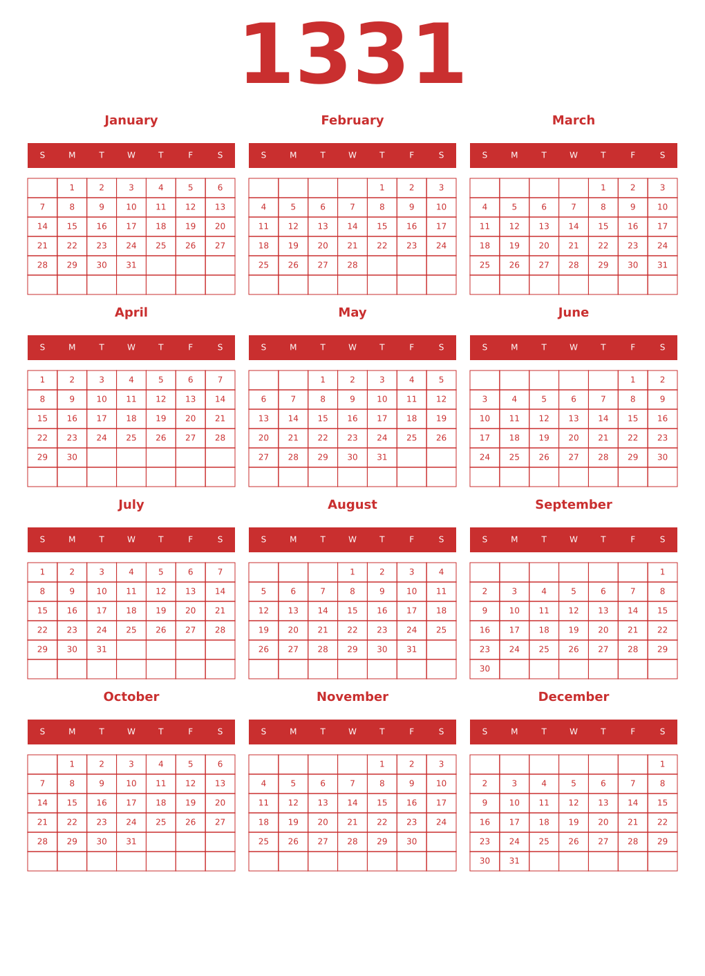 Printable 1331 Year Calendars red