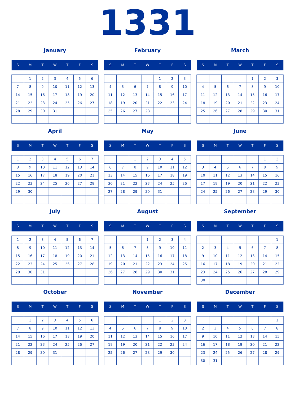 Printable 1331 Year Calendars smalt