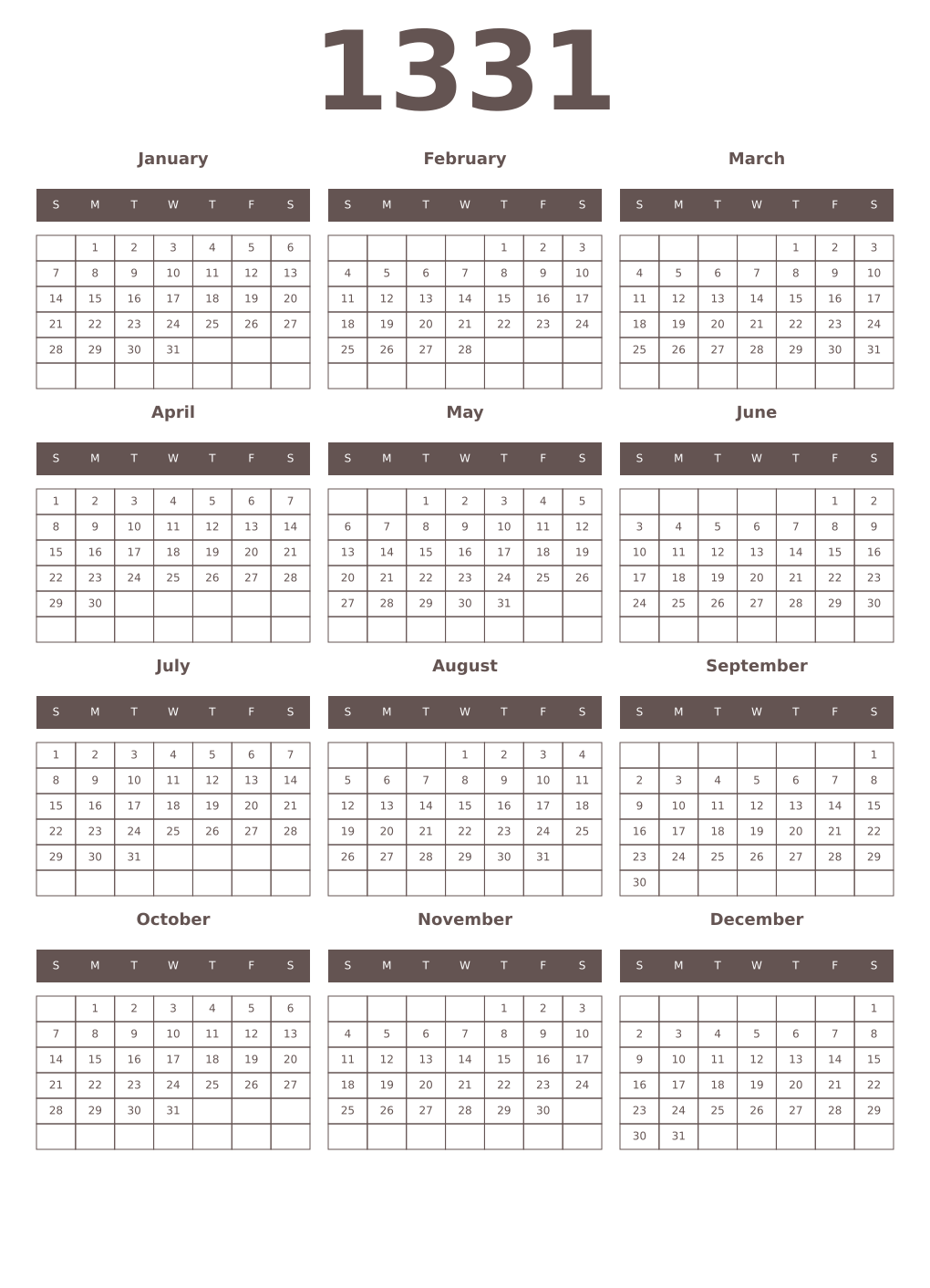 Printable 1331 Year Calendars wenge