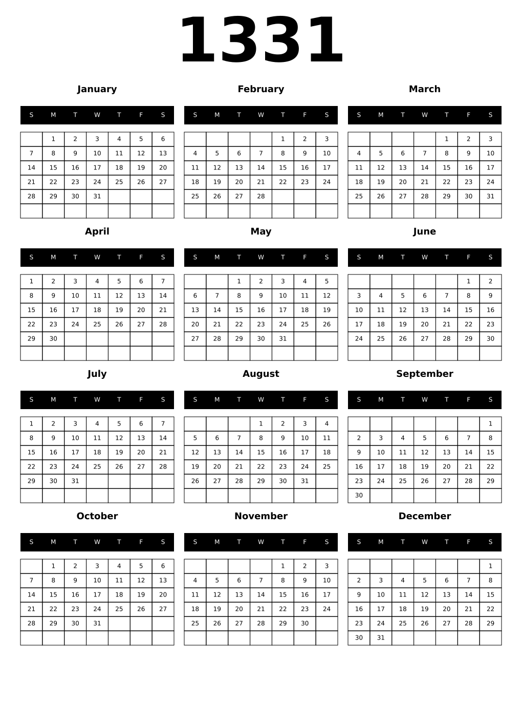 Printable 1331 Calendars