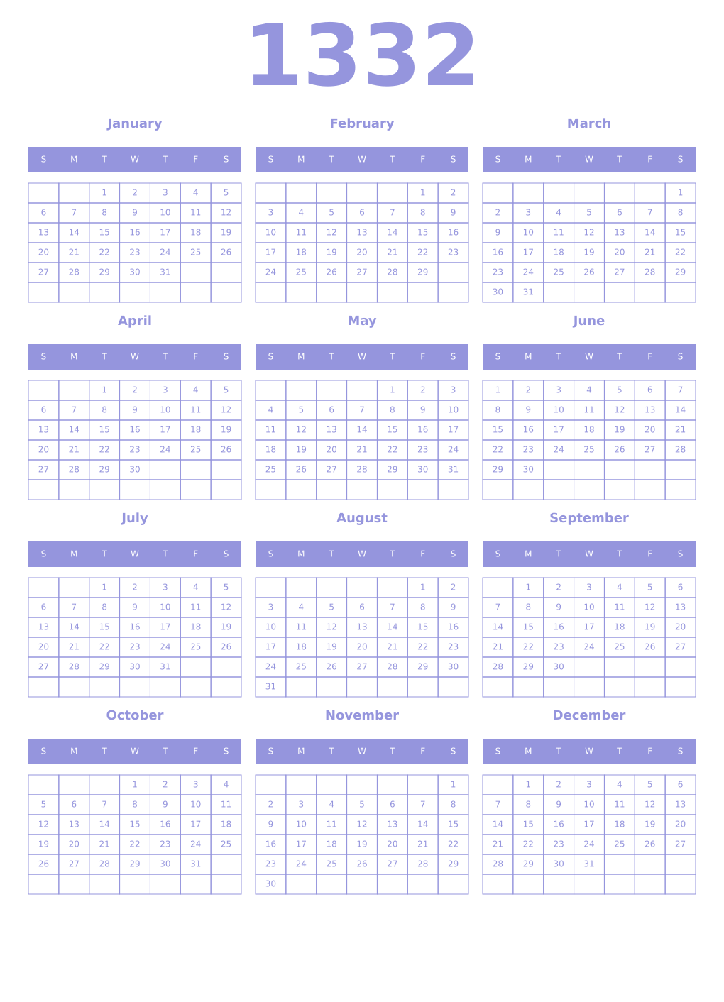 Printable 1332 Year Calendars periwinkle