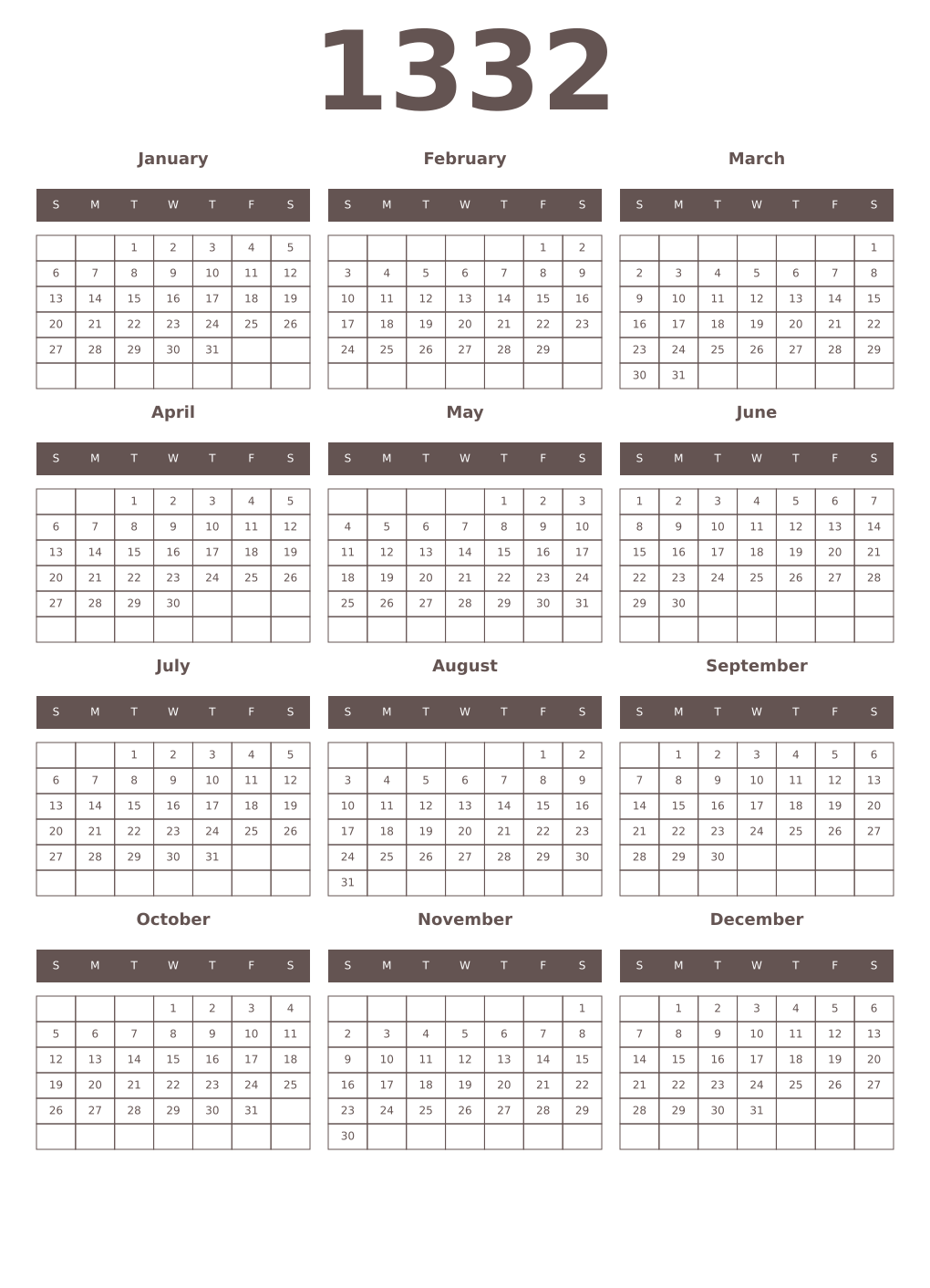 Printable 1332 Year Calendars wenge
