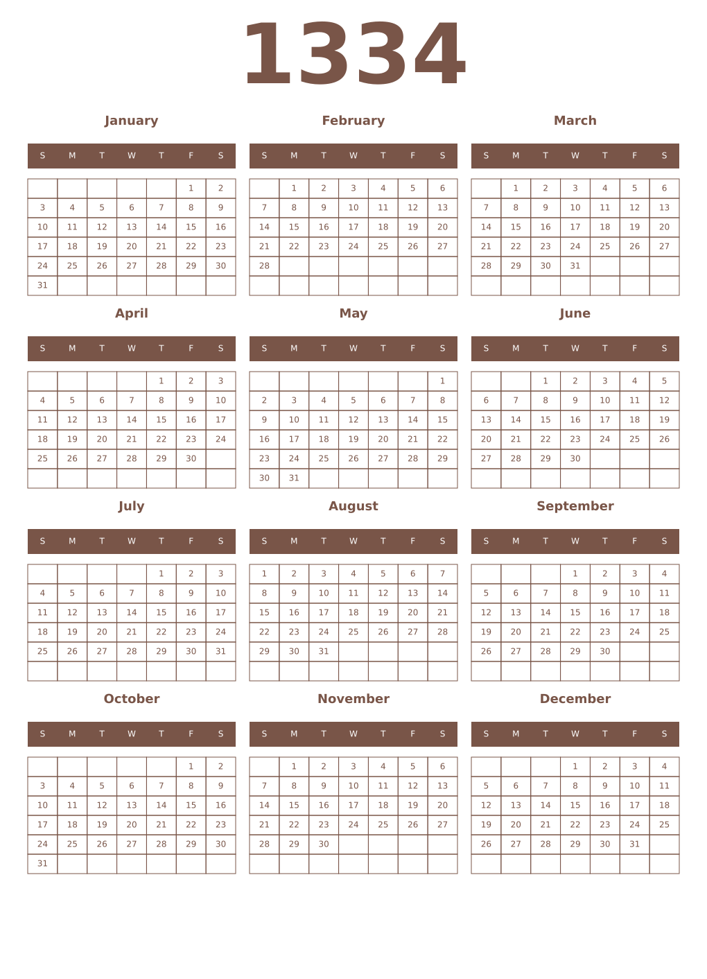 Printable 1334 Year Calendars coffe