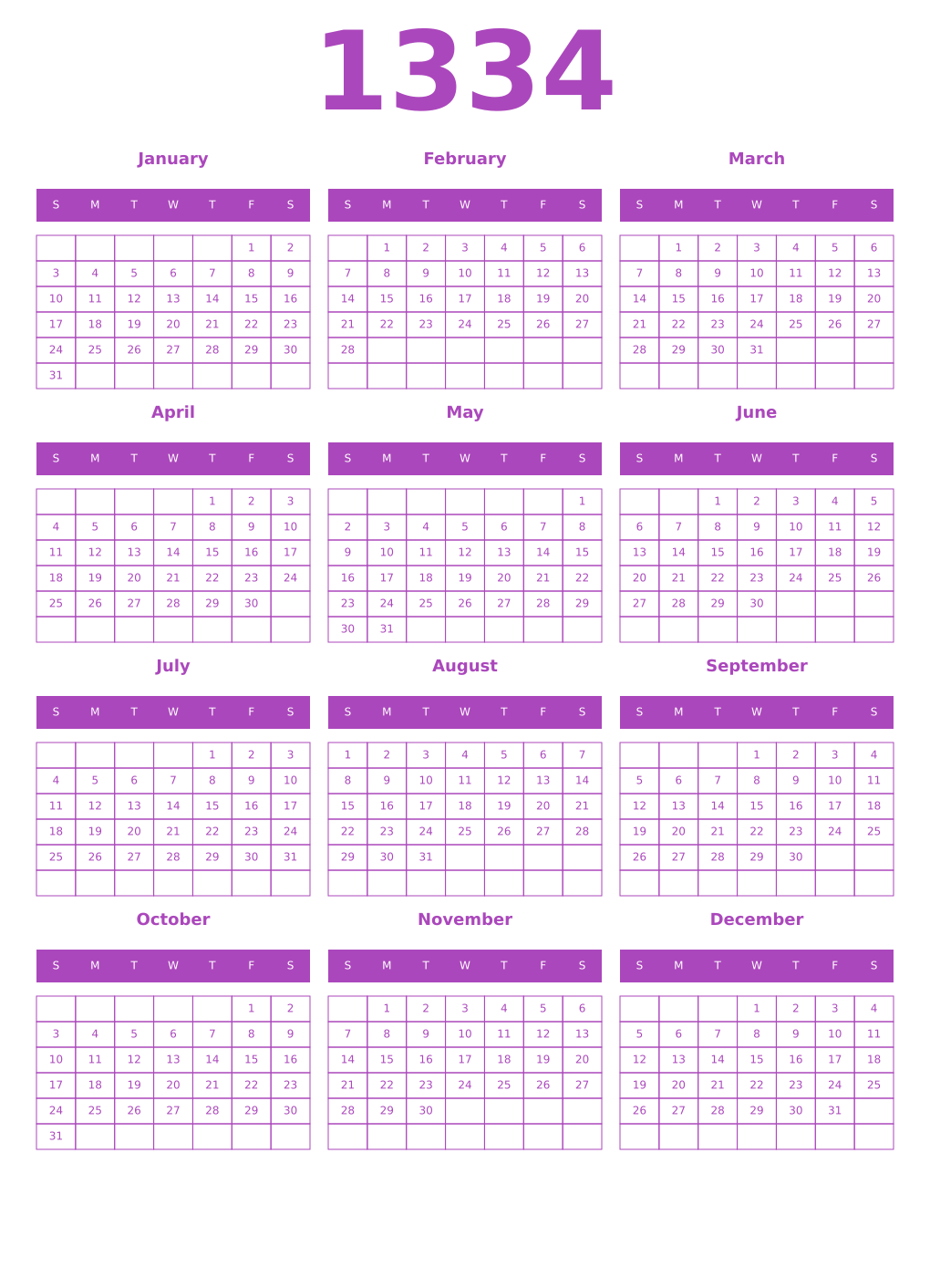 Printable 1334 Year Calendars purple