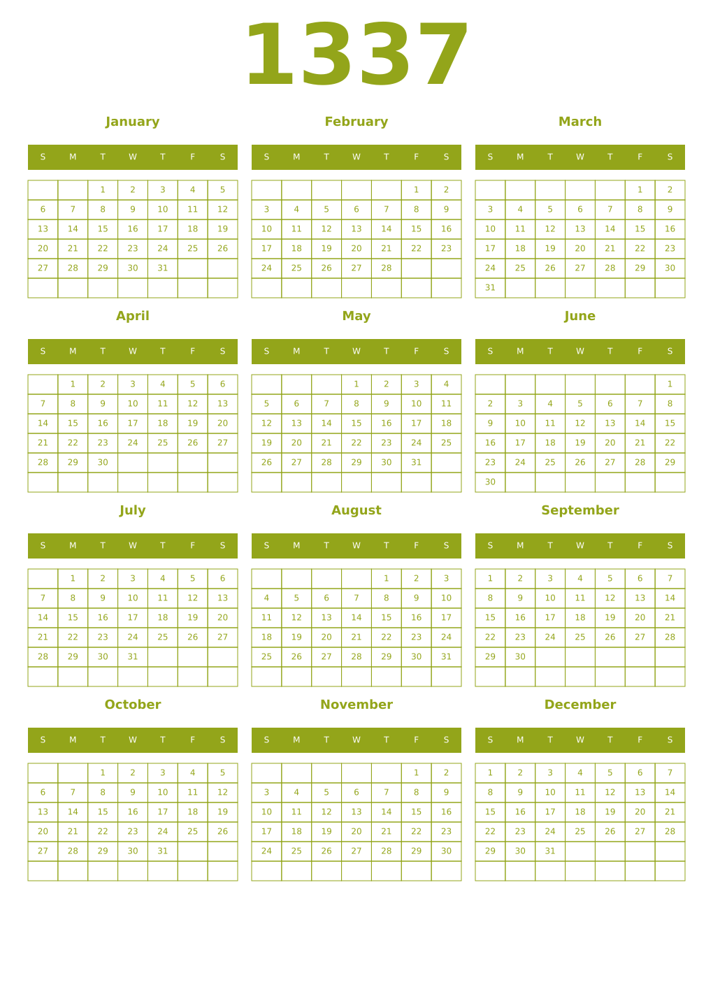 Printable 1337 Year Calendars chartreuse