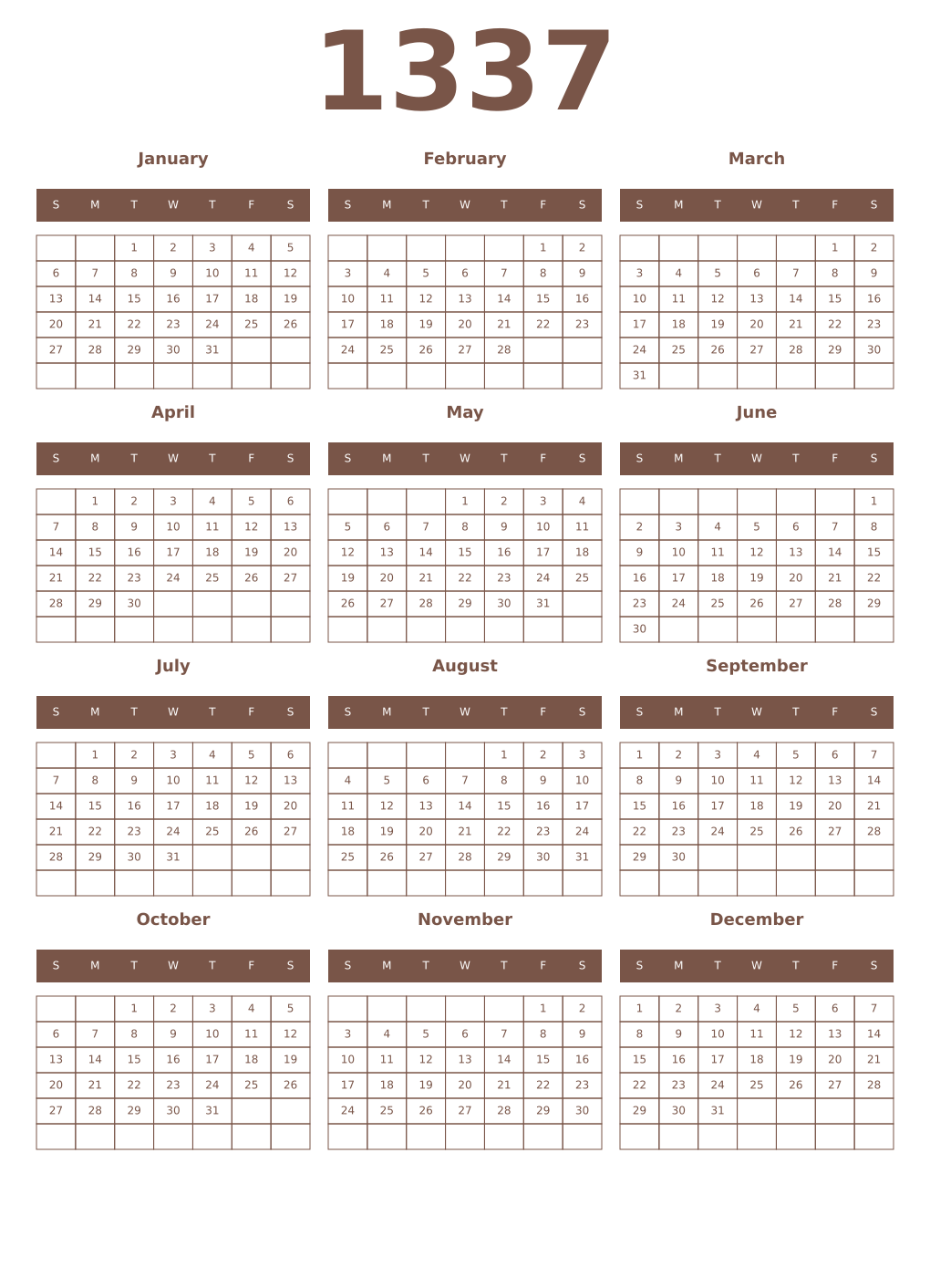 Printable 1337 Year Calendars coffe