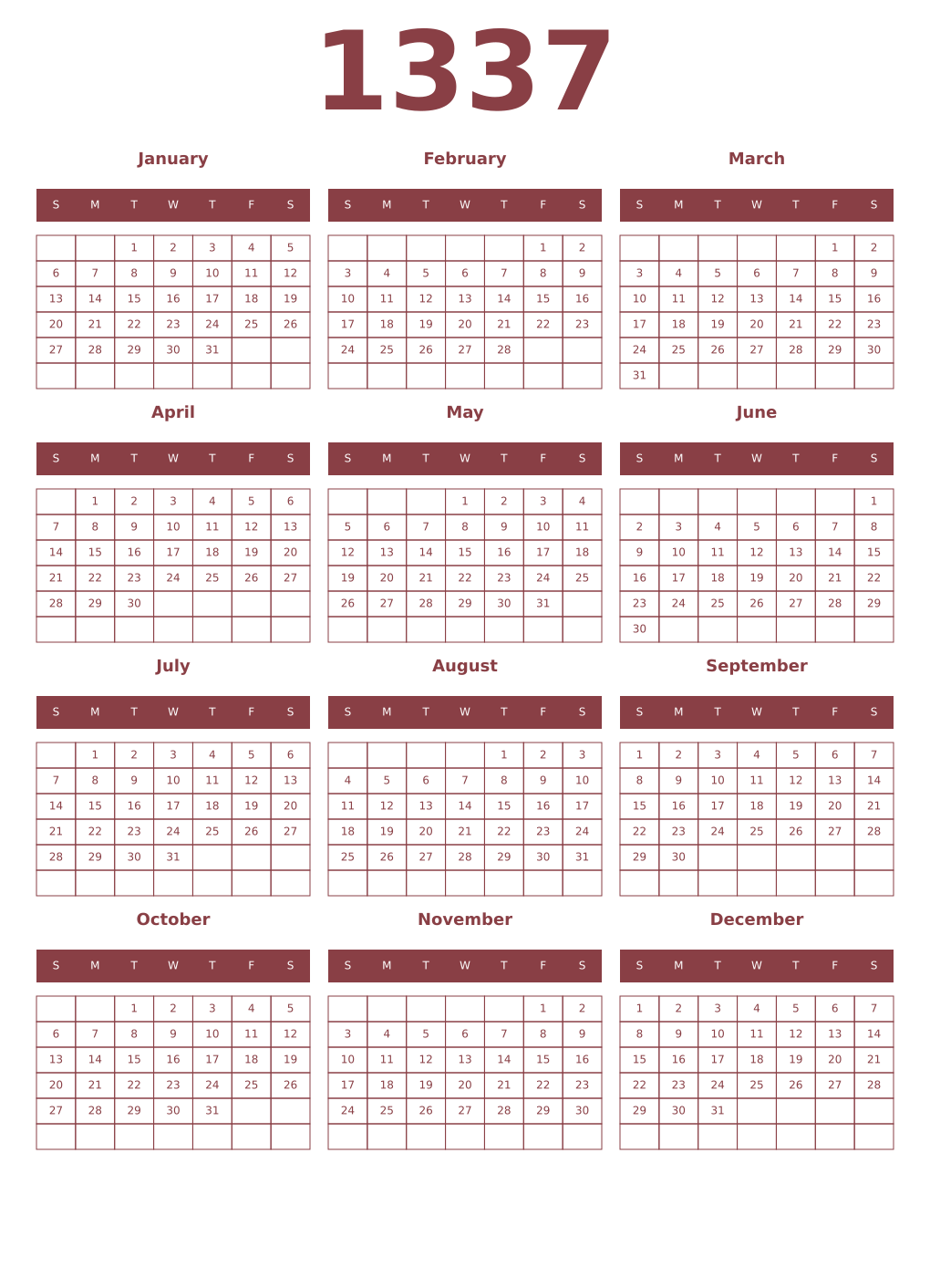 Printable 1337 Year Calendars cordovan