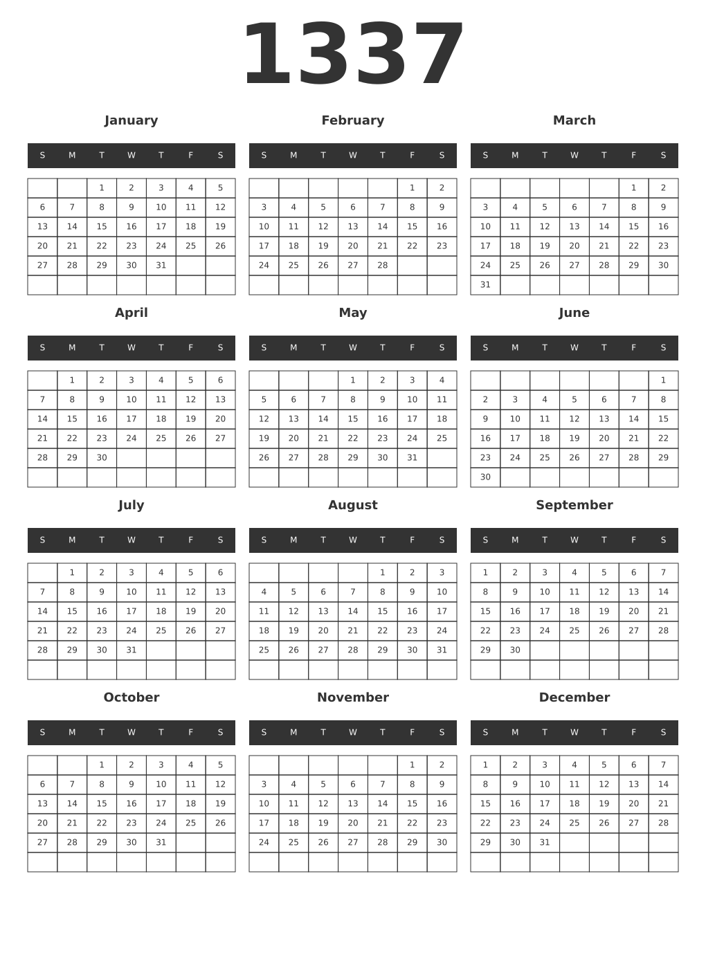 Printable 1337 Year Calendars dark