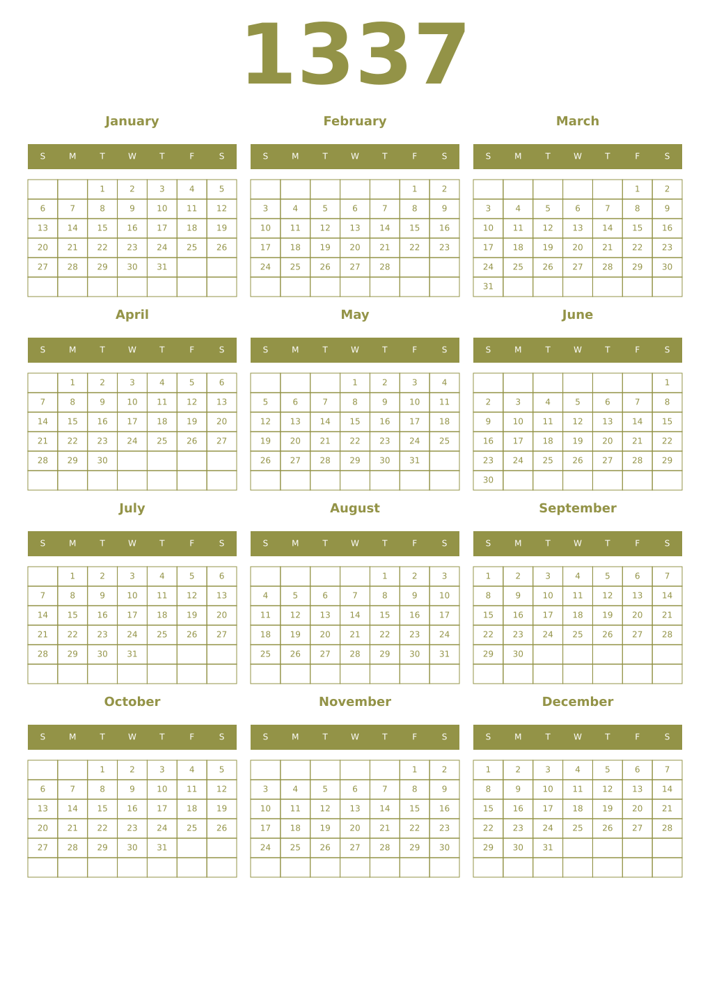 Printable 1337 Year Calendars eburnean