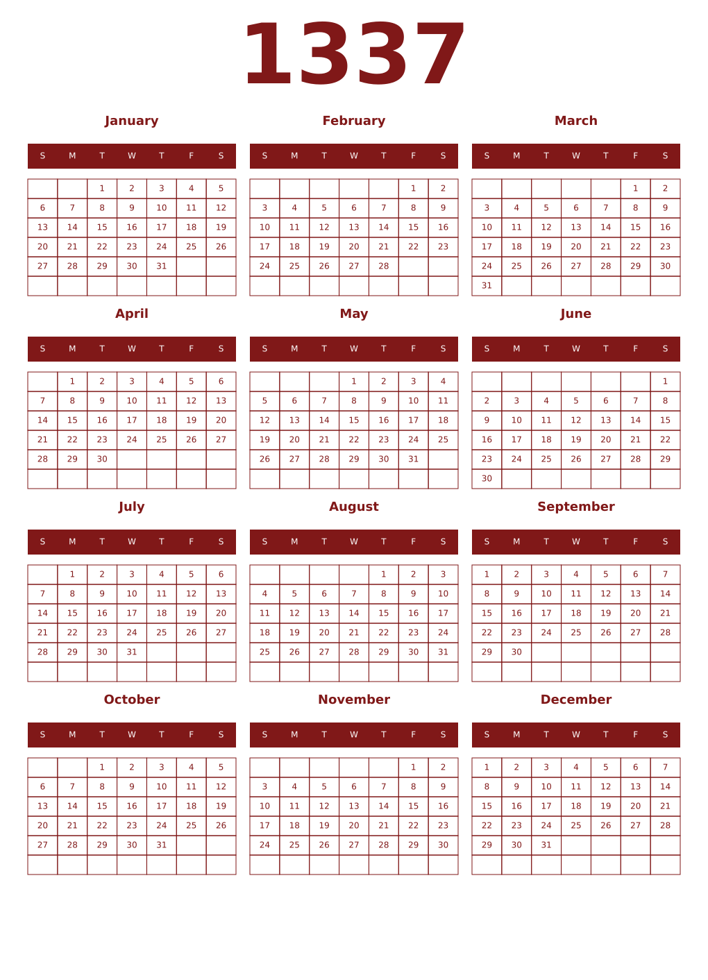 Printable 1337 Year Calendars falu