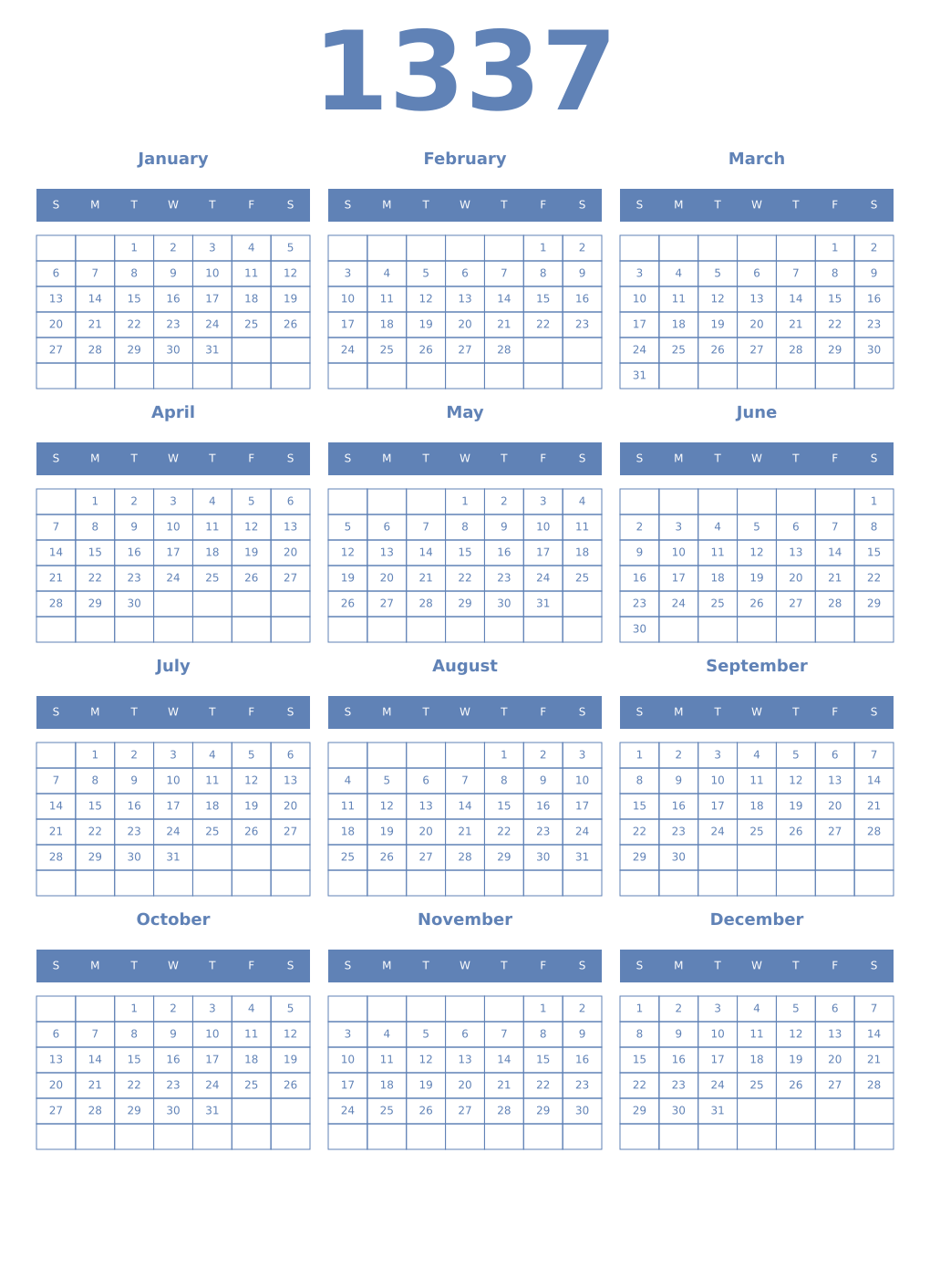 Printable 1337 Year Calendars glaucous