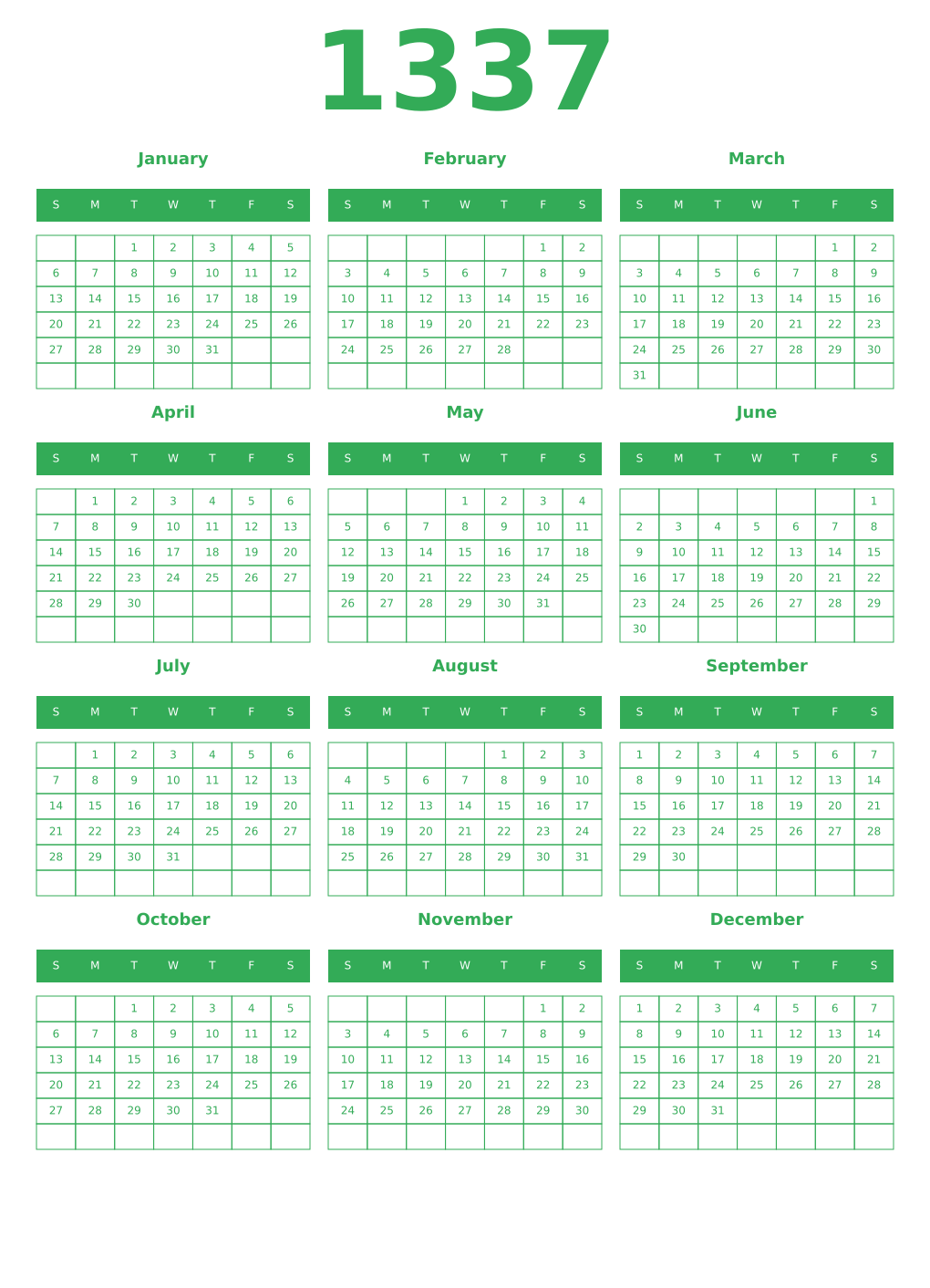 Printable 1337 Year Calendars green