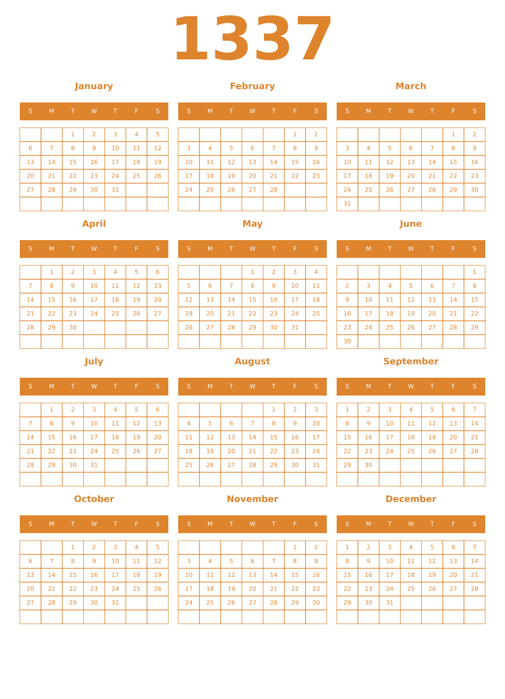 Printable 1337 Year Calendars orange