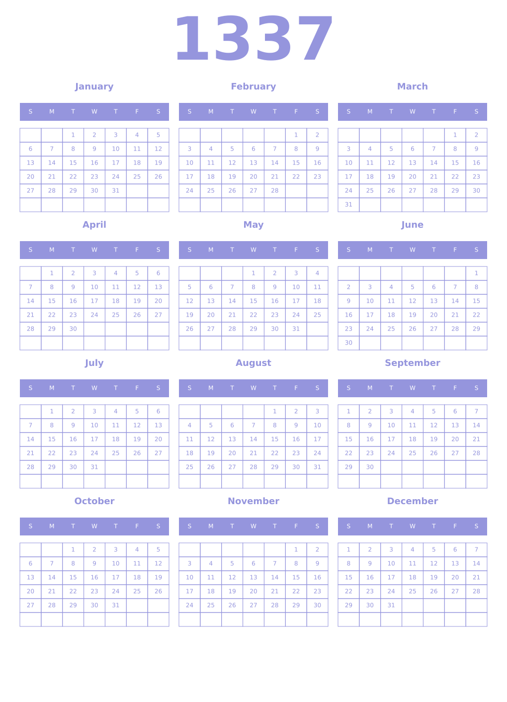 Printable 1337 Year Calendars periwinkle