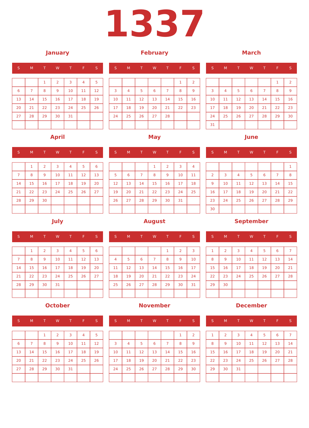 Printable 1337 Year Calendars red