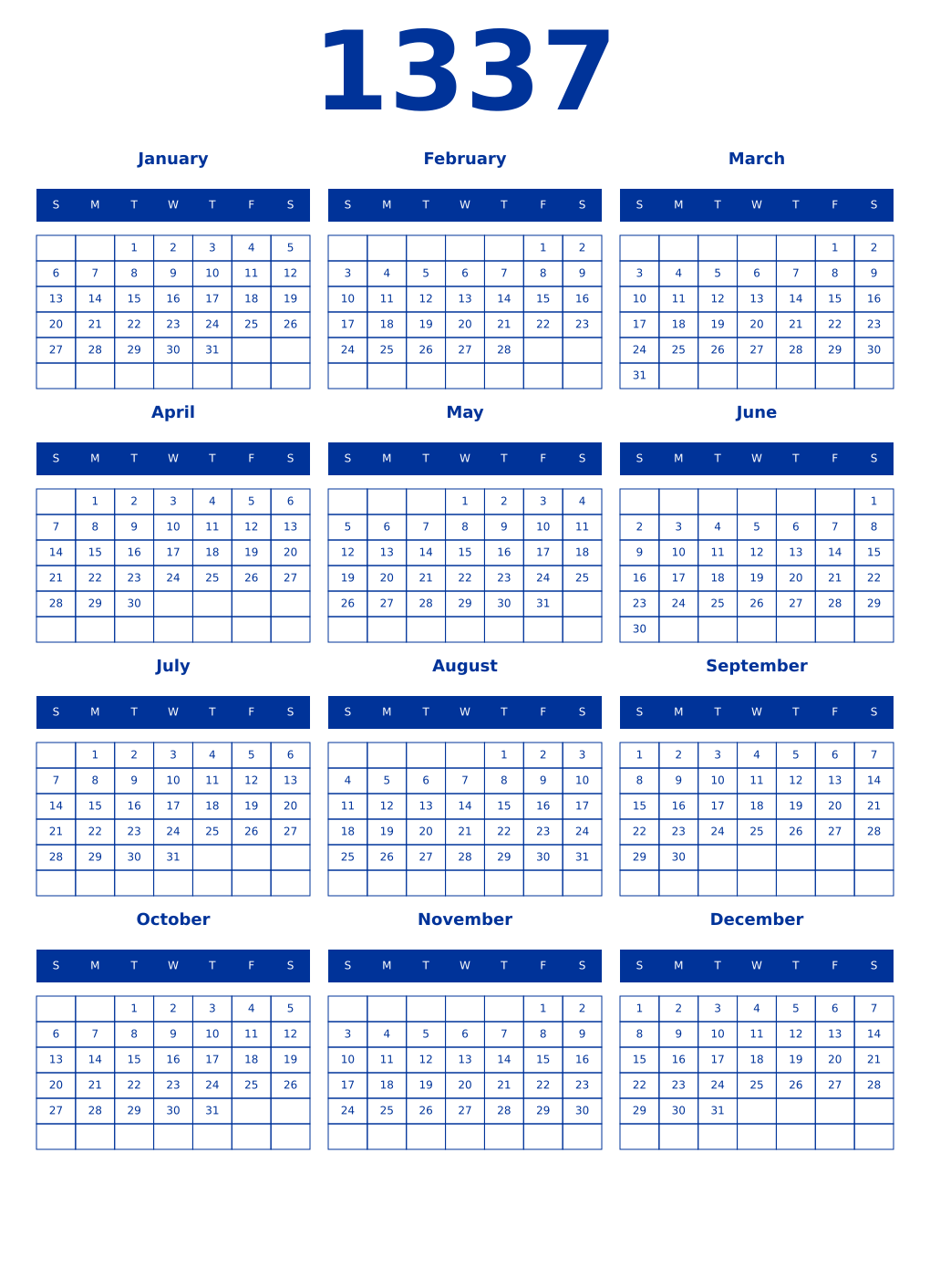 Printable 1337 Year Calendars smalt