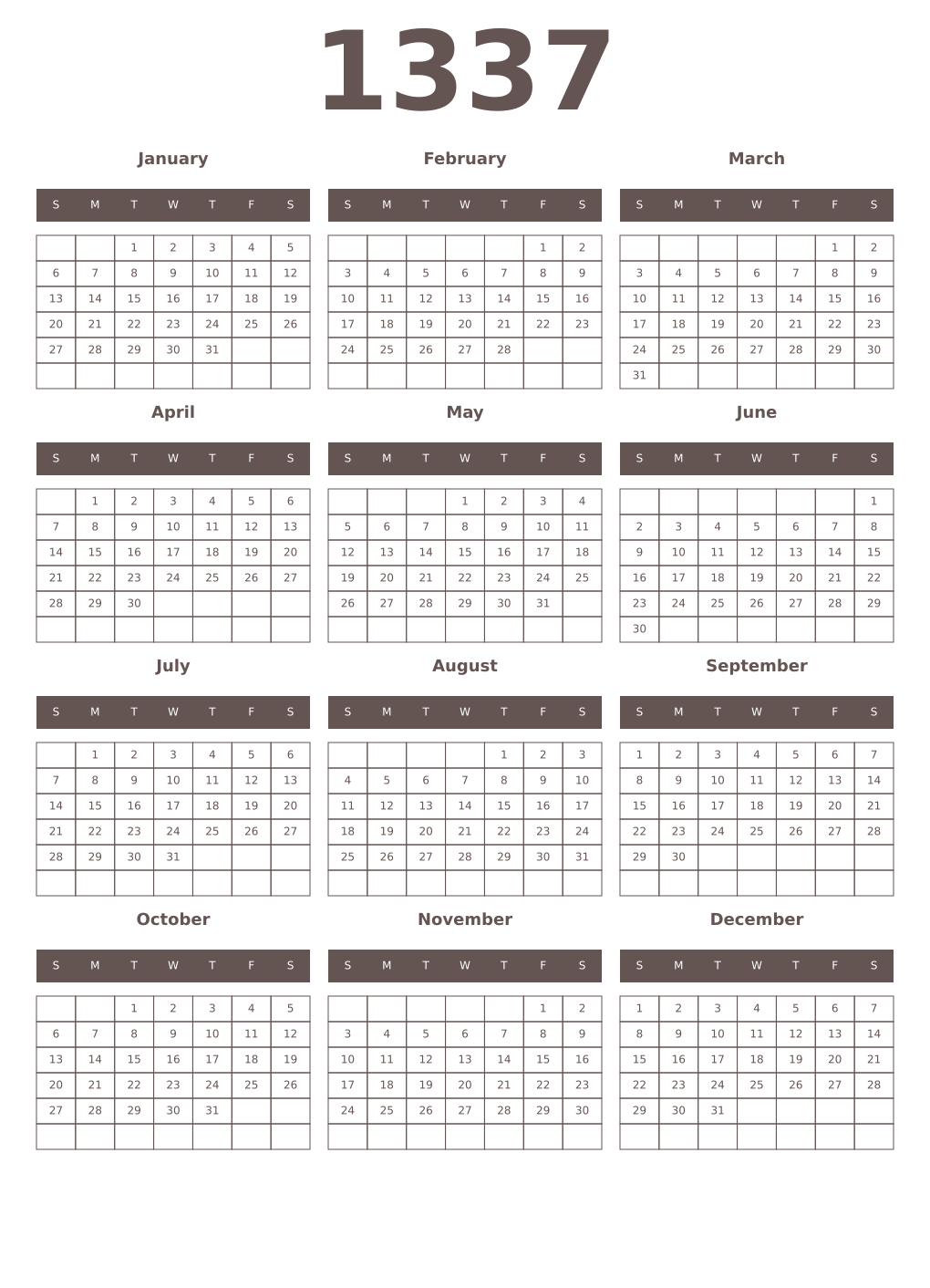 Printable 1337 Year Calendars wenge