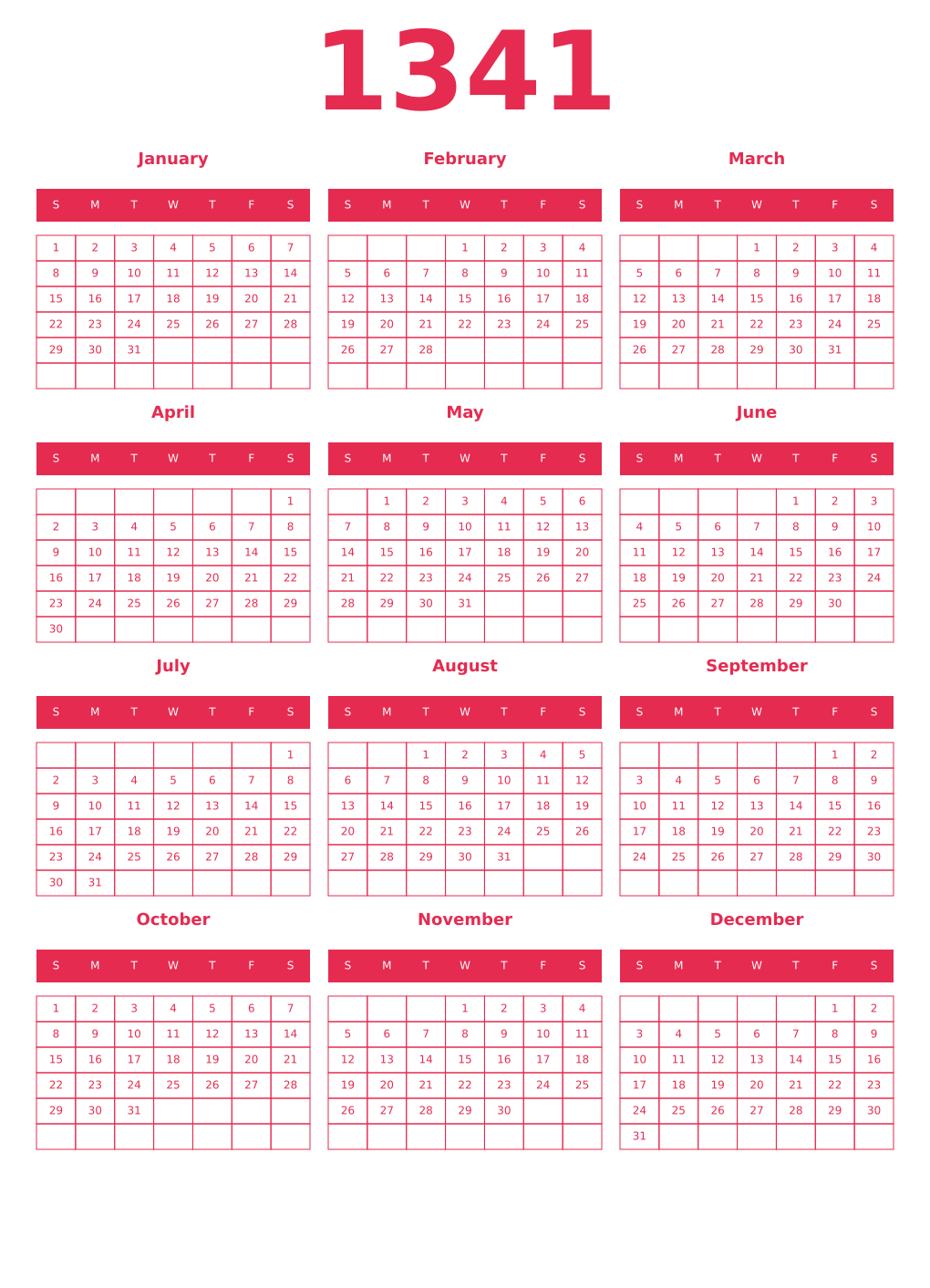 Printable 1341 Year Calendars amaranth