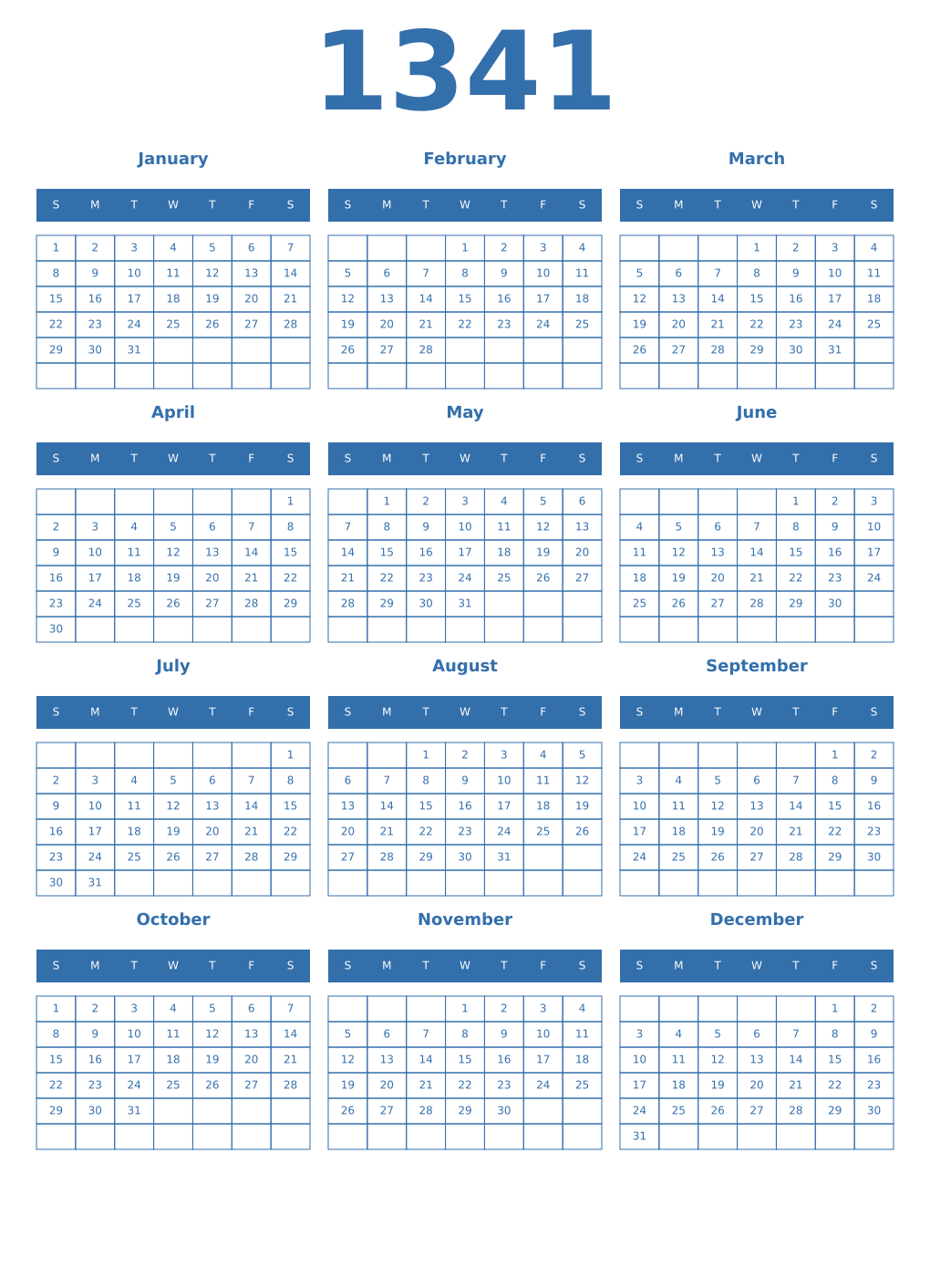 Printable 1341 Year Calendars blue