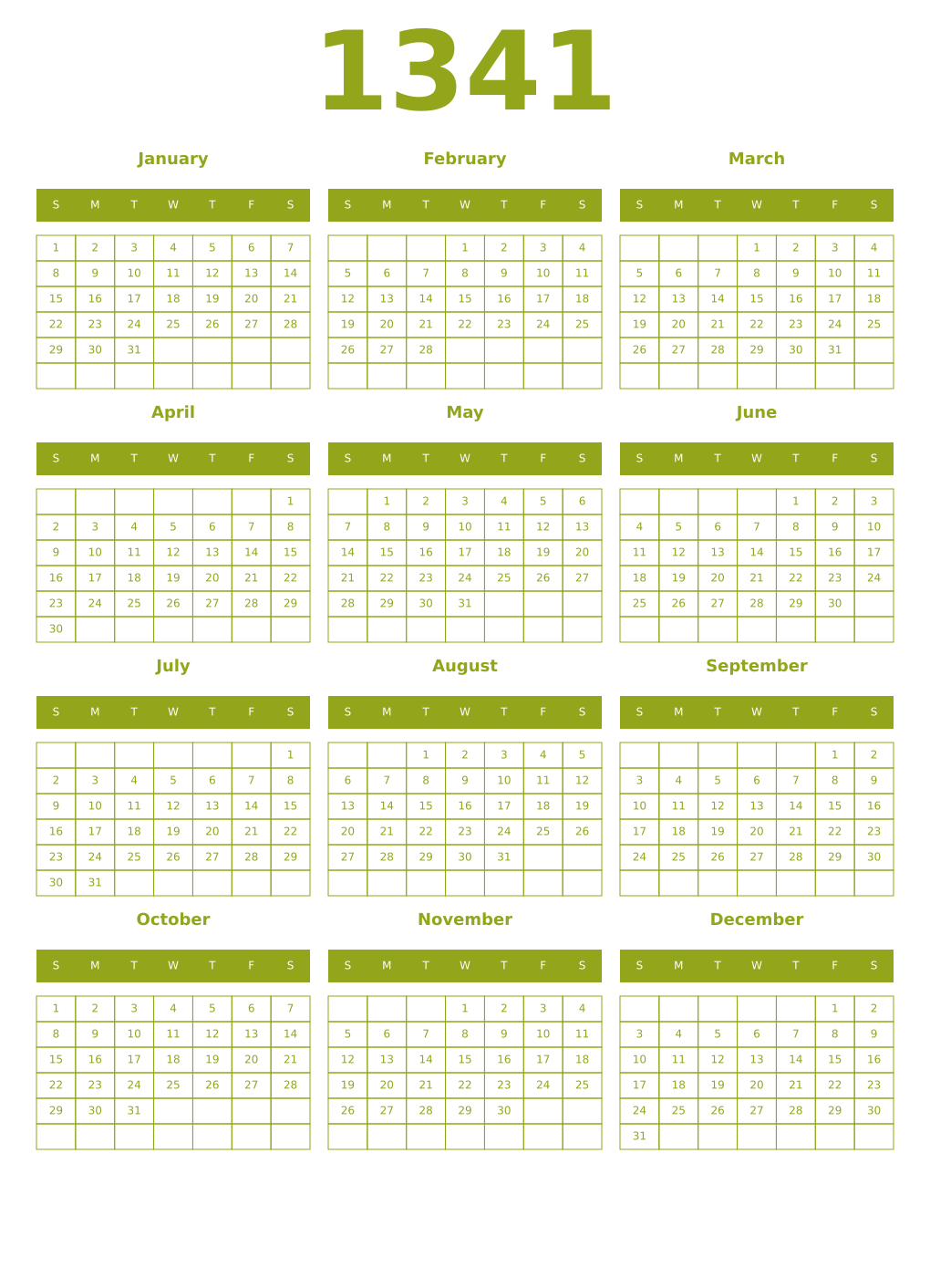 Printable 1341 Year Calendars chartreuse