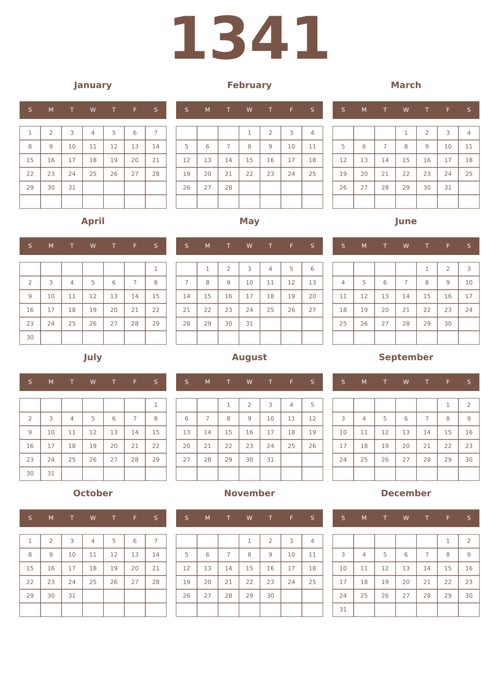 Printable 1341 Year Calendars coffe