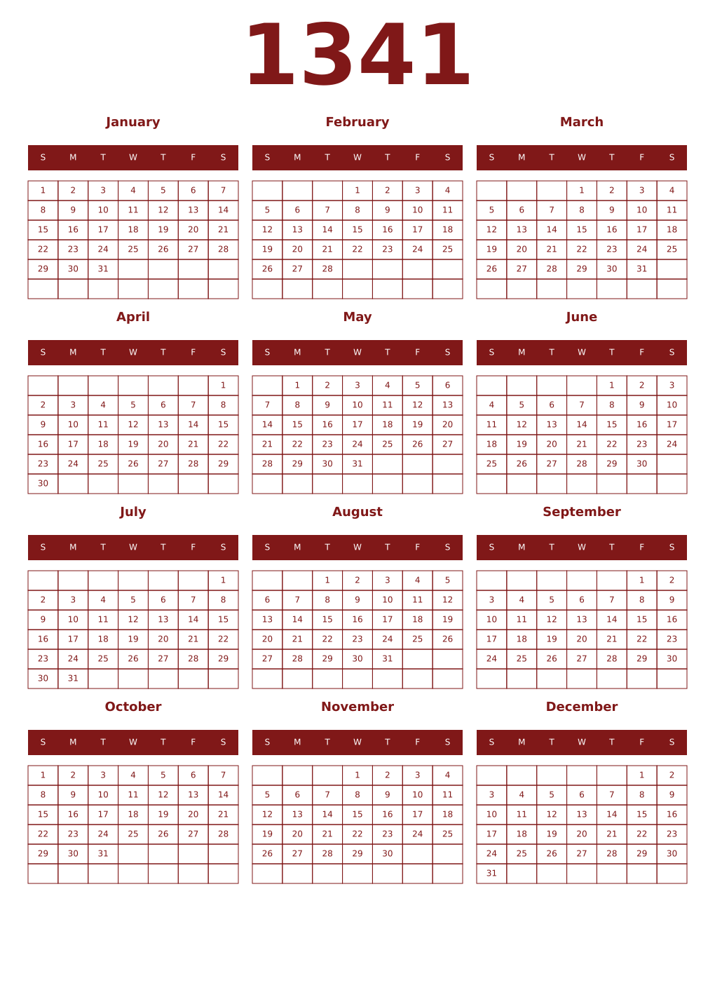 Printable 1341 Year Calendars falu