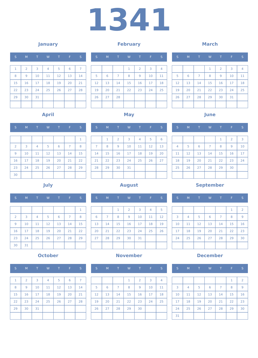 Printable 1341 Year Calendars glaucous