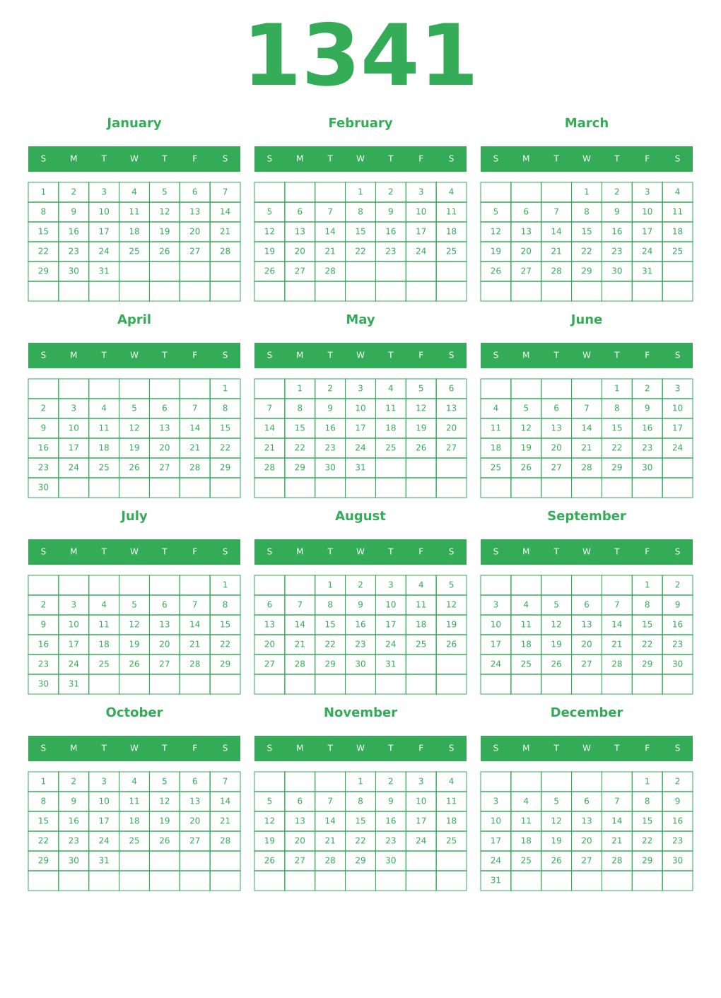 Printable 1341 Year Calendars green