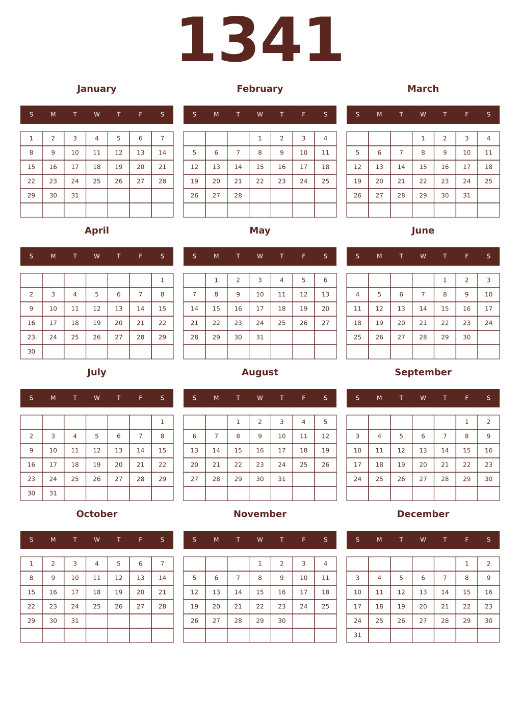 Printable 1341 Year Calendars mortuum
