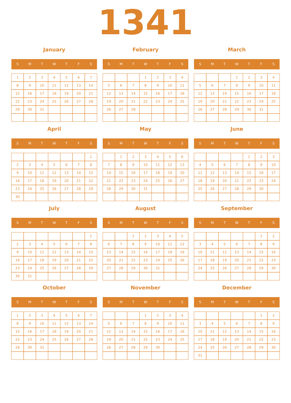 Printable 1341 Year Calendars orange