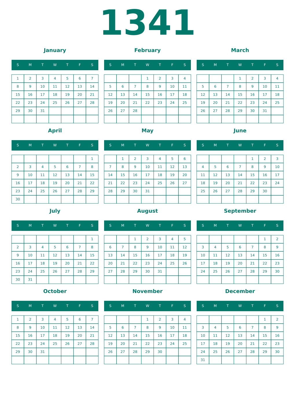 Printable 1341 Year Calendars pastel