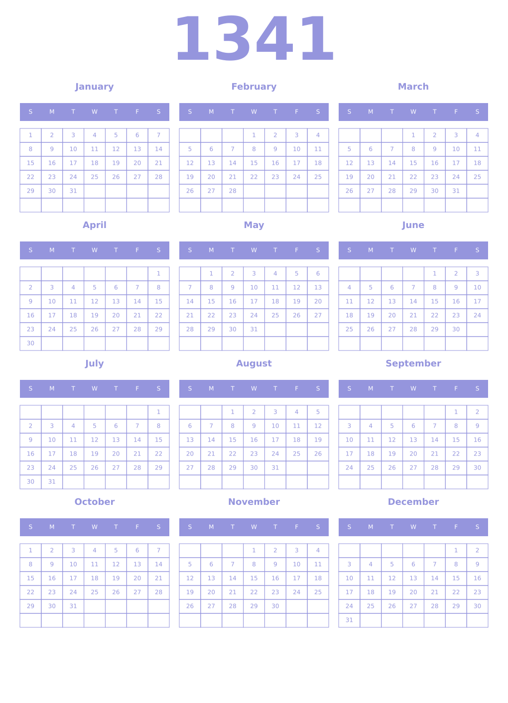 Printable 1341 Year Calendars periwinkle