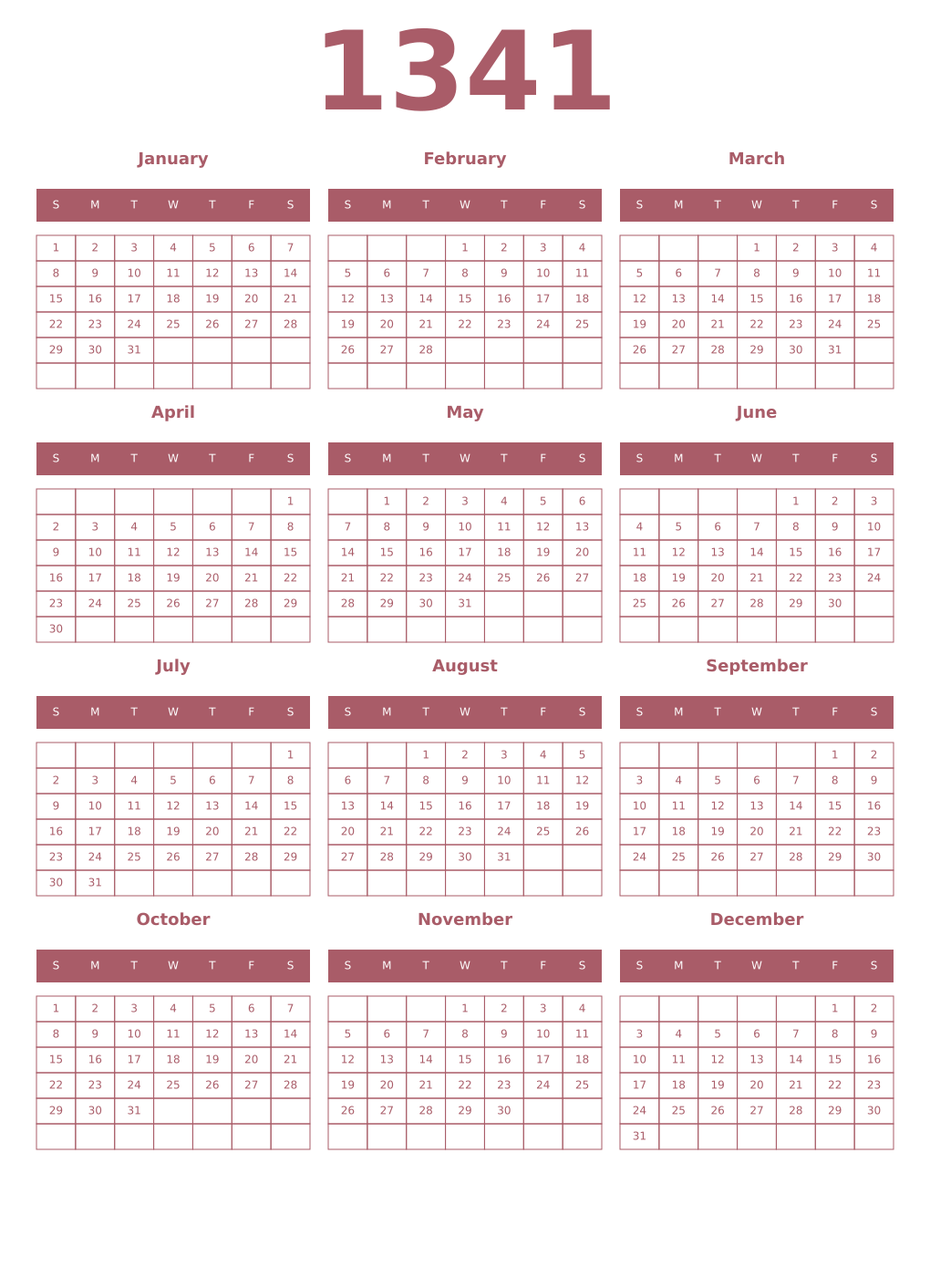 Printable 1341 Year Calendars puce