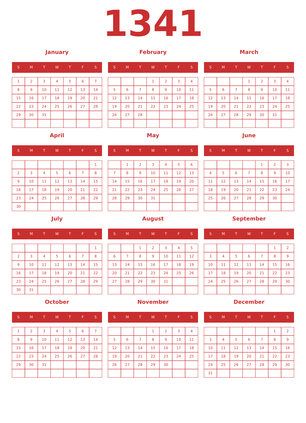 Printable 1341 Year Calendars red