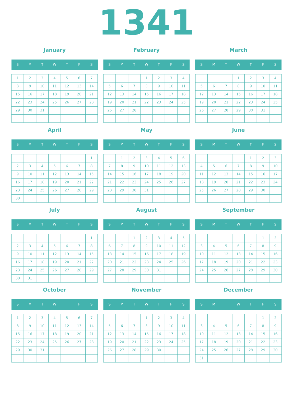 Printable 1341 Year Calendars verdigris