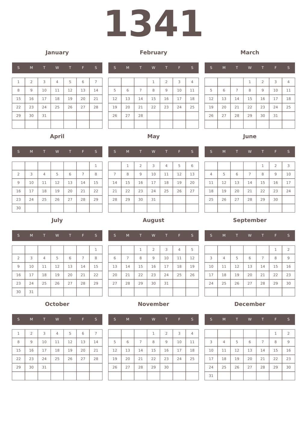 Printable 1341 Year Calendars wenge