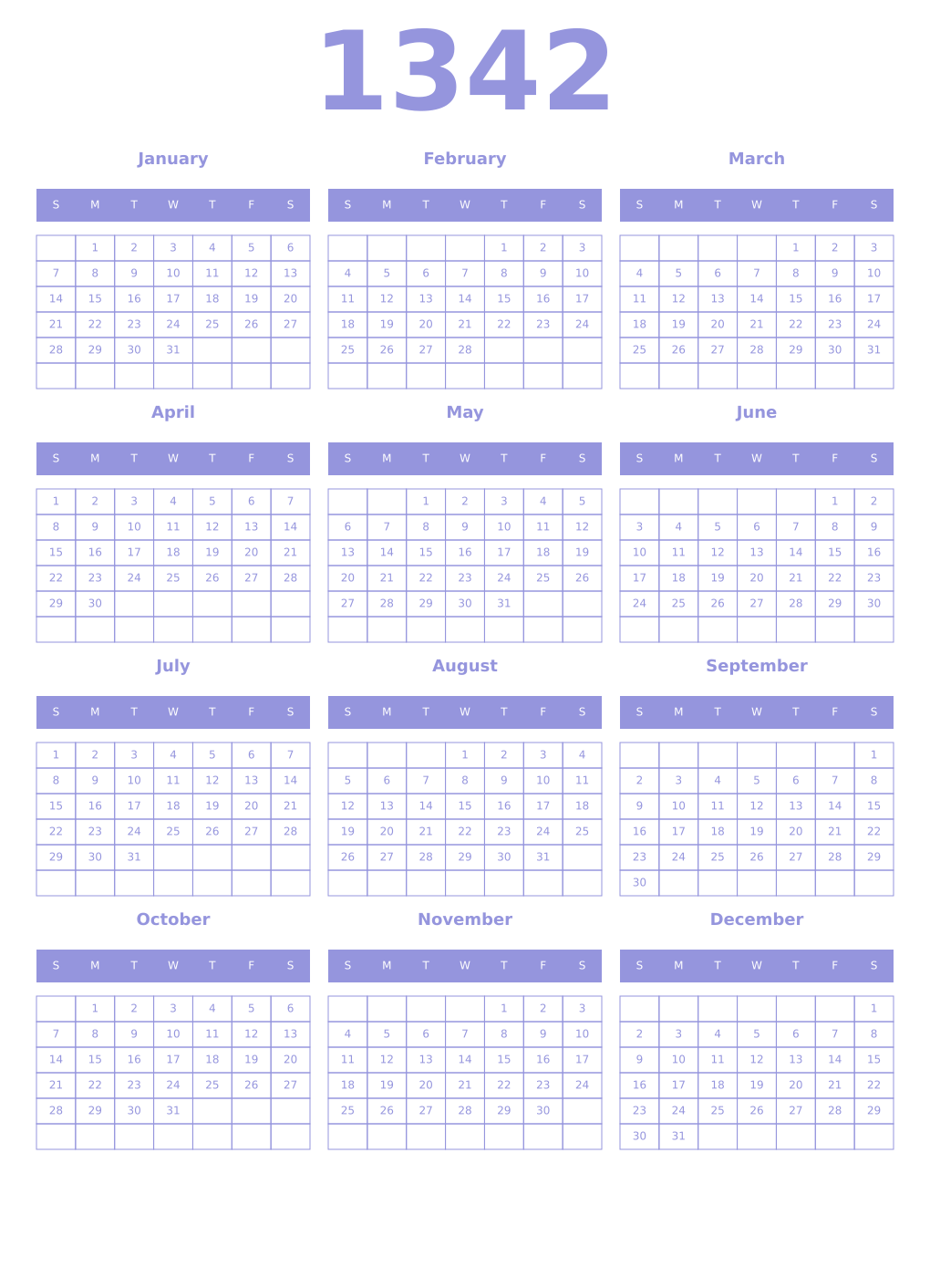 Printable 1342 Year Calendars periwinkle