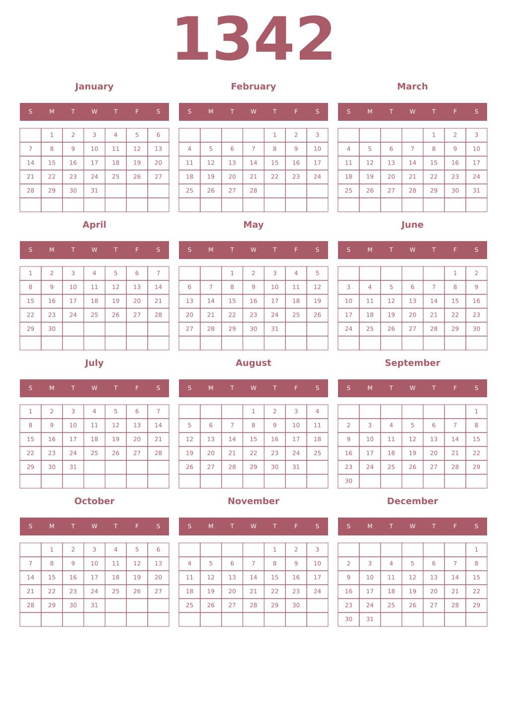 Printable 1342 Year Calendars puce