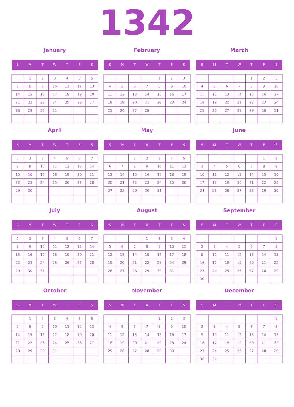 Printable 1342 Year Calendars purple
