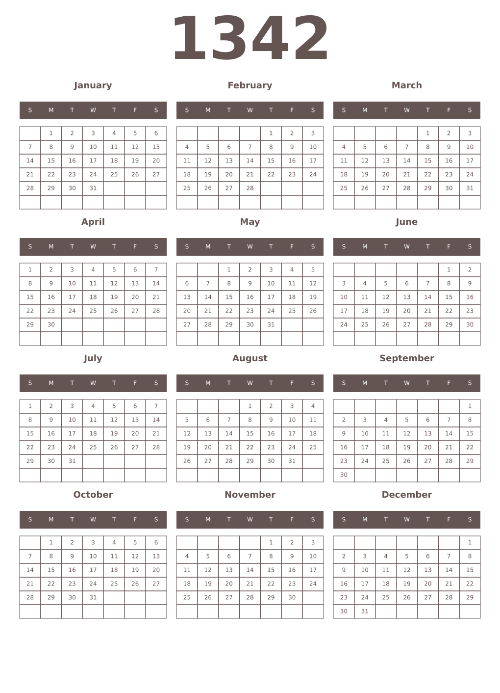 Printable 1342 Year Calendars wenge