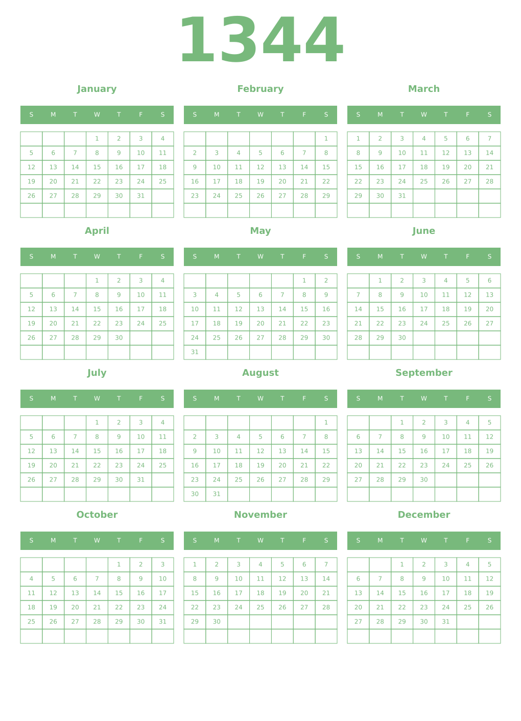 Printable 1344 Year Calendars celadon
