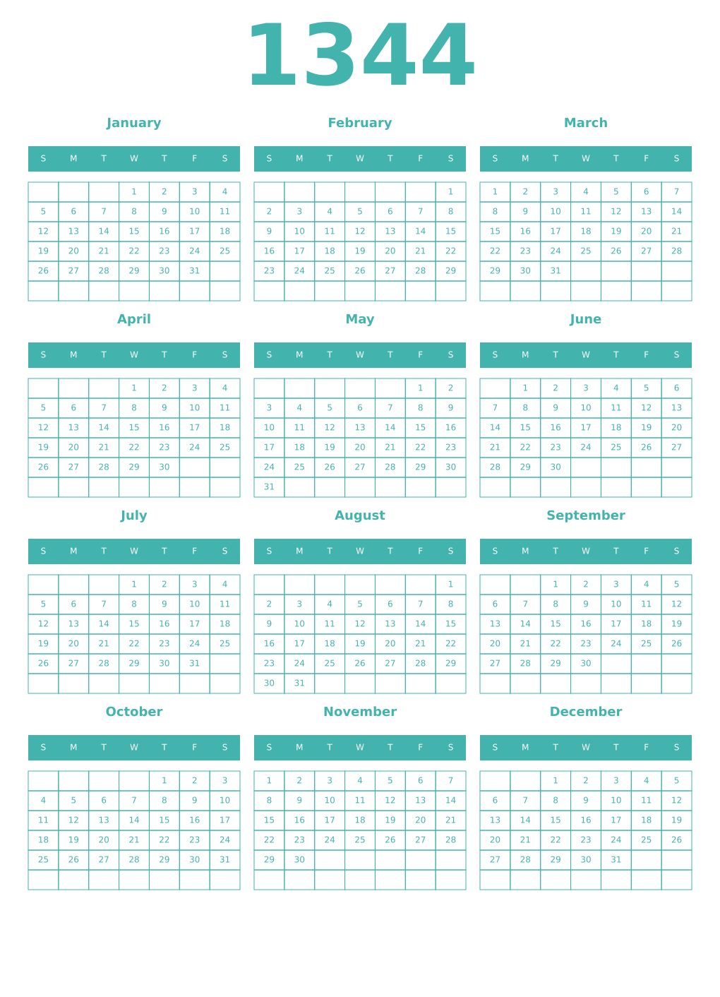 Printable 1344 Year Calendars verdigris