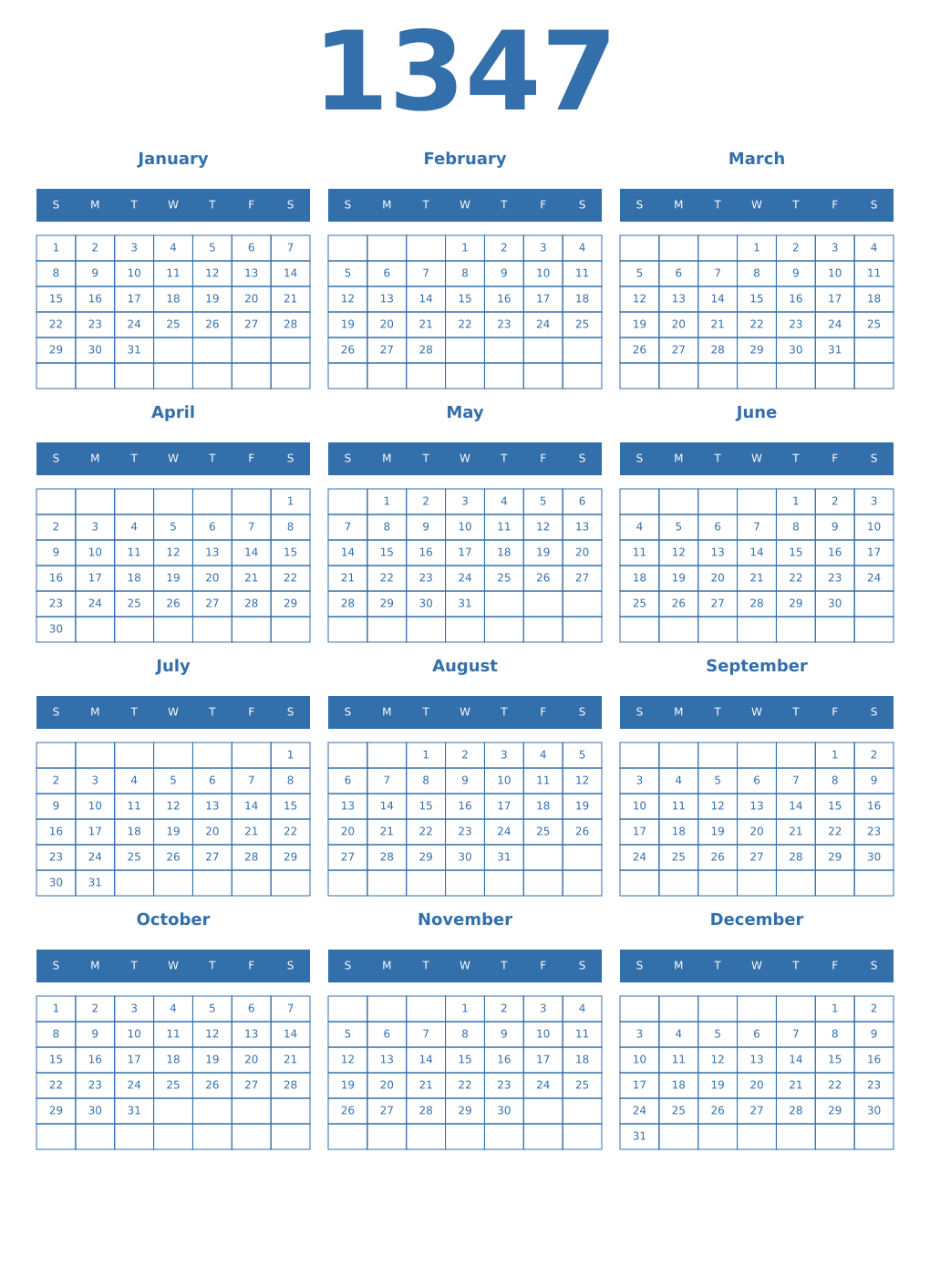 Printable 1347 Year Calendars blue